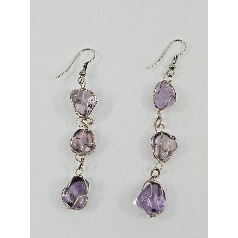 Amethyst Quartz Natural‎ Stone Dangle Drop Earrings Healing Wire Wrapped